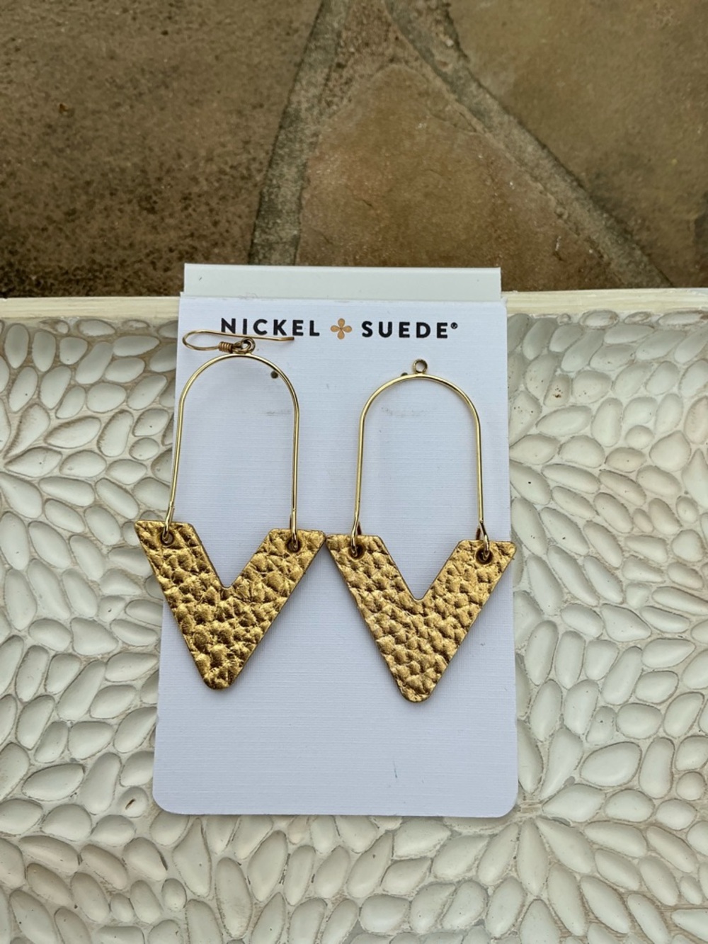 Nickel & Suede Hammered Gold V-Drop Earrings